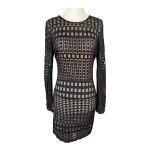 Bebe Black Geometric Lace Mesh Bodycon Dress SZ M - Long Sleeve Sheer Panel Mini